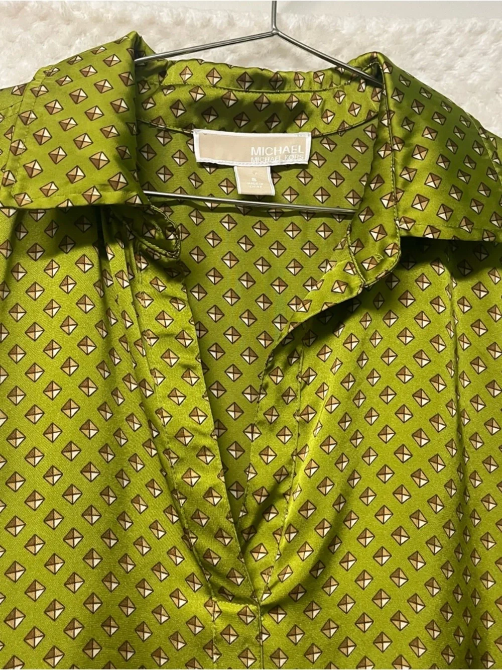 Michael Kors Womens Blouse Long Sleeves Olive Green Geometric Office Size Small